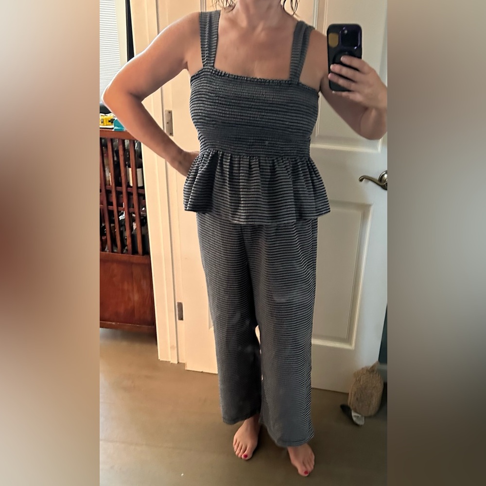 Madewell Set - Smocked Peplum Tank and Elastic Waist Pants in Navy Stripe